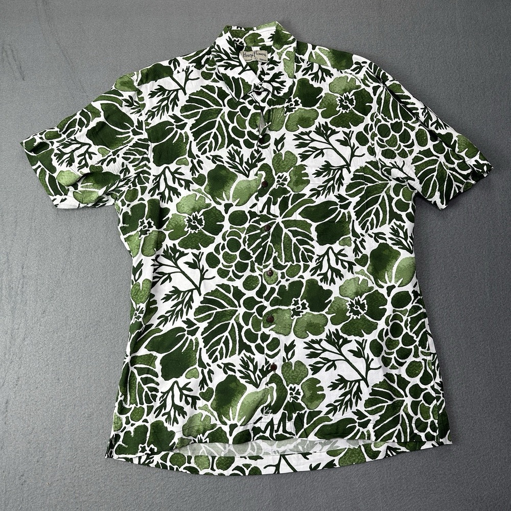 Kenny Flowers Hawaiian Shirt Mens L Green Tropical Floral Rayon Limited Edition
